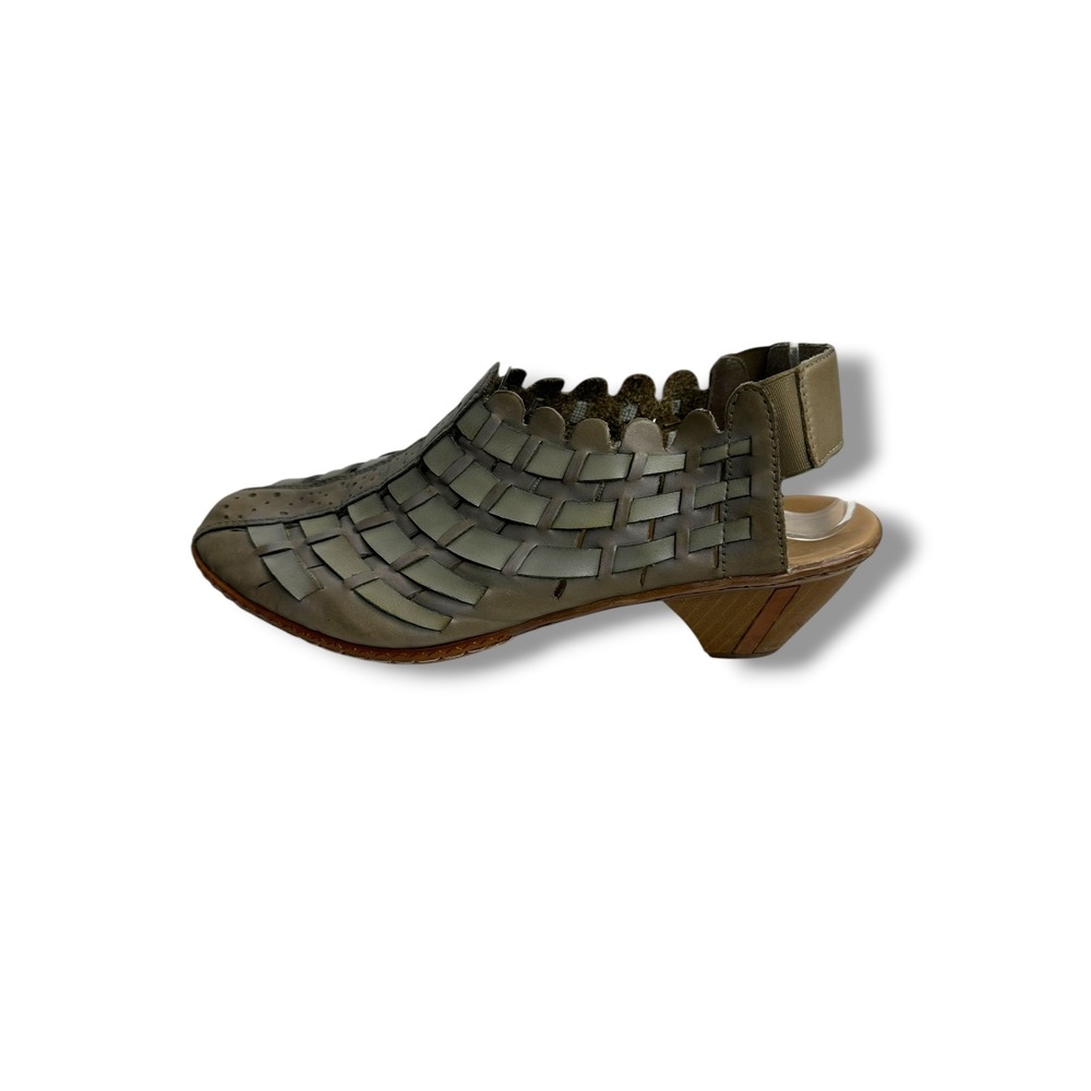 Rieker Sina Antistress Woven Leather Slingback Sandals Taupe Block Heel 38 7.5